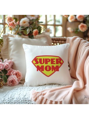 Qoeuyl Boutique Super Mom Anneler Günü Baskılı Elyaf Dolgulu Hediyelik Yastık