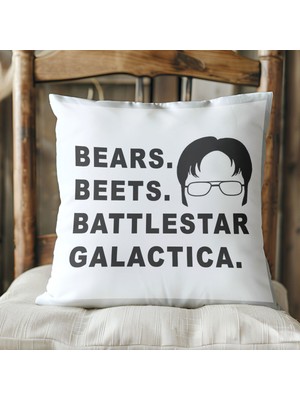 Qoeuyl Boutique Bears Beets Battlestar Baskılı The Office Hediyelik Elyaf Dolgulu Dekoratif Yastık