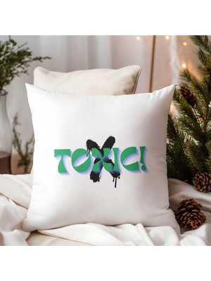 Qoeuyl Boutique Toxic Baskılı Hediyelik Elyaf Dolgulu Saten Dekoratif Yastık