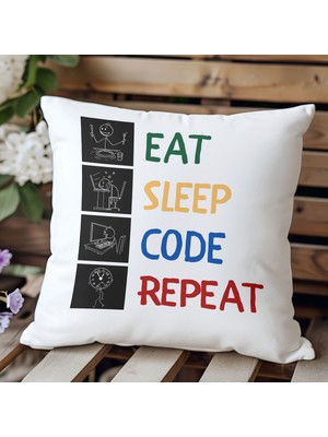 Qoeuyl Boutique Eat Sleep Code Repeat Yazılımcı Baskılı Elyaf Dolgulu Hediyelik Yastık