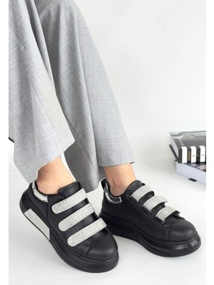 Egecen Elika Siyah Cilt Simli Cırt Cırtlı Spor Ayakkabı