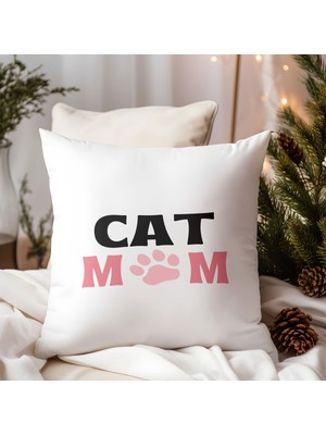 Qoeuyl Boutique Cat Mom Kedi Sever Baskılı Elyaf Dolgulu Hediyelik Yastık