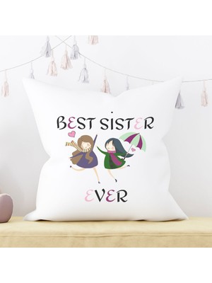 Qoeuyl Boutique Best Sister Ever No:2 Baskılı Kız Kardeş Abla Hediyelik Elyaf Dolgulu Dekoratif Yastık