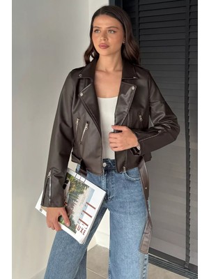 Gülseli Kadın Kemer Detaylı Fermuarlı Iç Astarlı Suni Deri Ceket P-00018685
