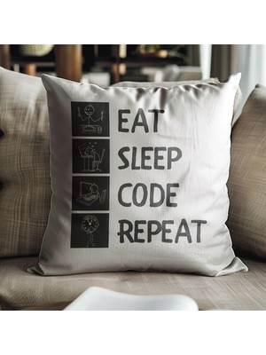 Qoeuyl Boutique Eat Sleep Code Repeat Yazılımcı Baskılı Elyaf Dolgulu Hediyelik Yastık