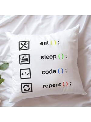 Qoeuyl Boutique Eat Sleep Code Repeat Yazılımcı Baskılı Elyaf Dolgulu Hediyelik Yastık