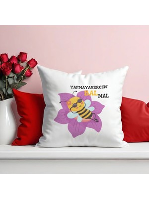 Qoeuyl Boutique Yapmayavercem Bal Mal Baskılı Hediyelik Elyaf Dolgulu Saten Dekoratif Yastık