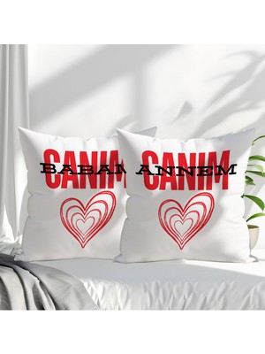Qoeuyl Boutique Canım Annem Babam Ikili Set Baskılı Anneler Babalar Günü Hediyelik Elyaf Dolgulu Dekoratif Yastık