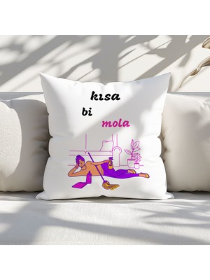 Qoeuyl Boutique Kısa Bi Mola Baskılı Komik Hediyelik Elyaf Dolgulu Saten Dekoratif Yastık