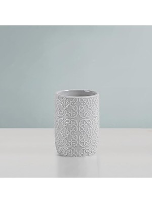 Stewart Seramik Banyo Aksesuar Seti, Makyaj Dekoru Depolama Düzenleyici, Kabartmalı Damask Madalyonu, Losyon/sabunluk, Diş Fırçası Tutacağı, Bardak, Biblo Tabağı, Çeşitli Boyutlarda Gri