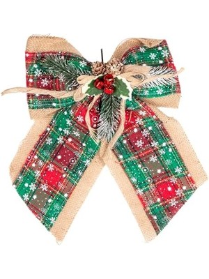 Yılbaşı Ağaç Süsü Yılbaşı Dekorlu Fiyonk Ekoseli Yeşil 30X21 Cm.