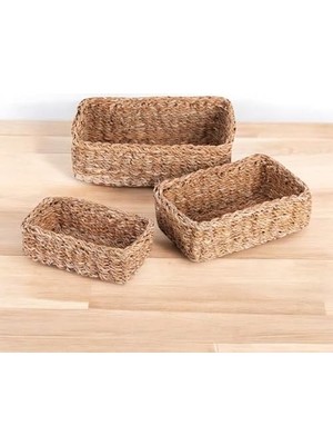 3'lü Rustik El Yapımı Doğal Dikdörtgen Hasır Düzenleyici Seti | 3'lü Hasır Dikdörtgen Organizer Seti – Dekoratif, Çok Amaçlı ve Dayanıklı Sepetler (32X20X12CM – 27X17X10CM – 22X14X8CM)
