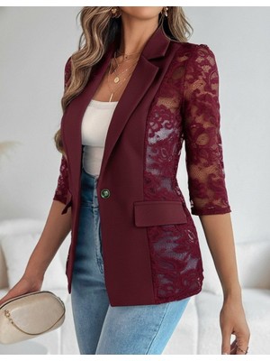 ModaSize Kadın Uzun Kollu Truvakar Kol Önden Düğmeli Cepli Dantelli Atlas Ceket