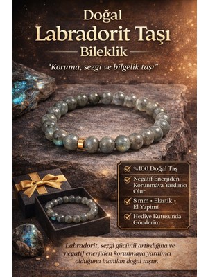Modvina Doğal Labradorit Taşı Bileklik 8 mm | Premium Kalite | Elastik | Unisex | Her Bileğe Uygun