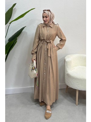 Tesettür Diyarı Boydan Düğmeli Tril Tril Yazlık Kumaş Tesettür Elbise- Bej
