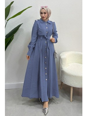 Tesettür Diyarı Boydan Düğmeli Tril Tril Yazlık Kumaş Tesettür Elbise- Marin