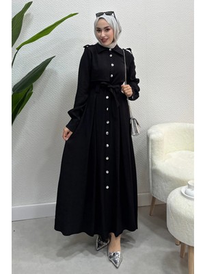 Tesettür Diyarı Boydan Düğmeli Tril Tril Yazlık Kumaş Tesettür Elbise- Siyah
