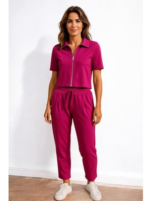 Newco Kadın Rahat Kesim Fermuarlı Kısa Kollu Crop Lastikli Eşofman Takımı -Ikili Set - Gri