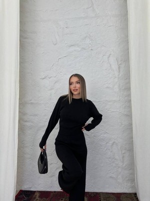 Newco Parmak Geçirmeli Kazak Pantolon Alt-Üst Kadın Ikili Takım - Siyah