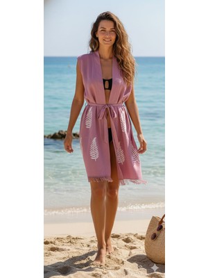 Nevin Acar Kimona Yaprak Desen  Peştemal Plaj Bornozu Elbisesi