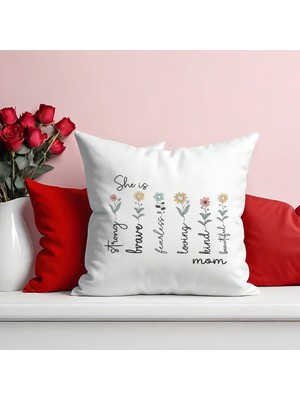 Qoeuyl Boutique She Is Strong Fearless No:3 Baskılı Anneler Günü Hediyelik Elyaf Dolgulu Saten Dekoratif Yastık