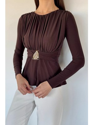 Gülseli Kadın Pileli Bel Lastikli Gold Toka Detaylı Bluz P-00020146