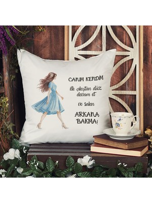 Qoeuyl Boutique Canım Kendim Arkana Bakma Baskılı Motivasyon Hediyelik Elyaf Dolgulu Saten Dekoratif Yastık