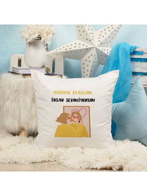Qoeuyl Boutique Asosyal Değilim Insan Sevmiyorum Baskılı Komik Hediyelik Elyaf Saten Dekoratif Yastık