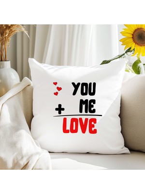 Qoeuyl Boutique You + Me = Love Baskılı Eş Sevgili Romantik Hediyelik Elyaf Saten Dekoratif Yastık