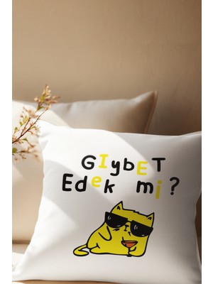 Qoeuyl Boutique Gıybet Edek Mi-Kedi Baskılı Eğlenceli Hediyelik Saten Dekoratif Yastık