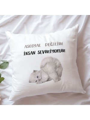 Qoeuyl Boutique Asosyal Değilim Insan Sevmiyorum Baskılı Komik Hediyelik Elyaf Saten Dekoratif Yastık