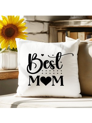 Qoeuyl Boutique Best Mom Baskılı Anneler Günü Hediyelik Elyaf Dolgulu Saten Dekoratif Yastık