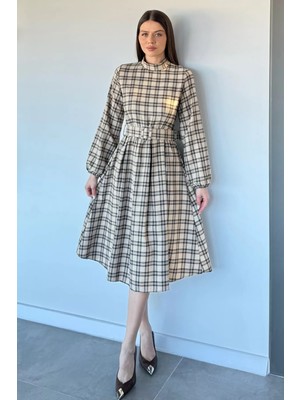 Gülseli Kadın Balıkçı Yaka Pileli Kemerli Elbise P-00020152