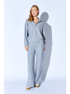 Tena Kadın Gri Melanj Yaka Fermuarlı Dikiş Detaylı Selanik Takım