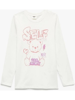 Koton Kız Çocuk Uzun Kollu Bisiklet Yaka Ayıcık Baskılı Pamuklu Tişört