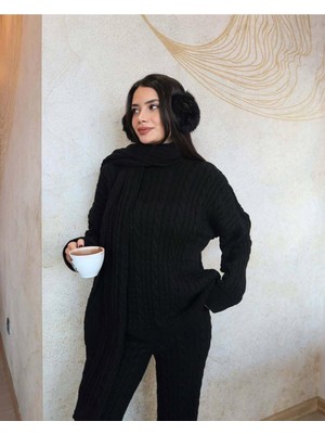 Newco Füme Atkılı Saç Örgülü Triko Pantolon Takım