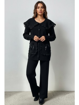 Newco Krem Dantel Yakalı Fiyonklu Cepli Inci Düğmeli Triko Ikili Takım