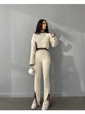 Newco Milano Çizgi Detaylı 2'li Crop-Pantolon Takım 2026 Kahve-Bej