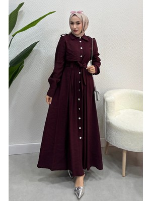 Tesettür Diyarı Boydan Düğmeli Tril Tril Yazlık Kumaş Tesettür Elbise- Bordo
