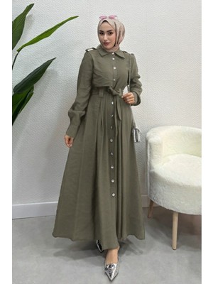 Tesettür Diyarı Boydan Düğmeli Tril Tril Yazlık Kumaş Tesettür Elbise- Haki
