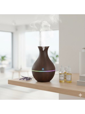 PrimeHome Şarjlı Ahşap Vazo Görünümlü Buhar Makinesi - 7 Renk RGB Işıklı Aroma Difüzör Hava Nemlendirici