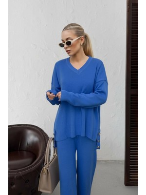Newco Kadın V Yaka Düğme Detaylı Triko Takım Örgü Kumaş Rahat Ikili Set