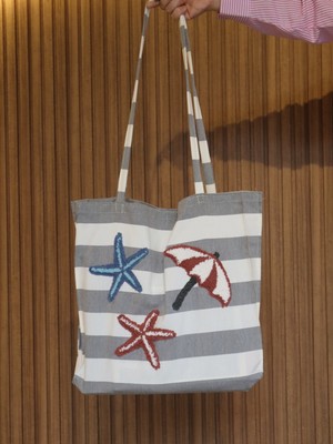 Arcosta El Yapımı Punch Nakışlı Plaj Çantası - Deniz Yıldızı ve Şemsiye Desenli Yazlık Tote Bag