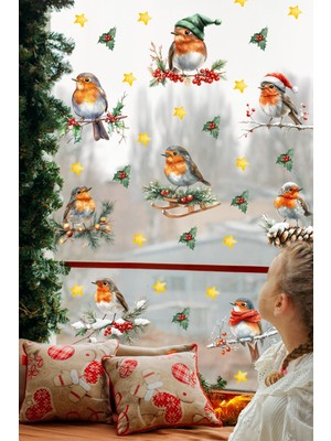 Msticker Çift Taraflı Yılbaşı Cam Sticker Seti – 45 Parça Yılbaşı Kuşları Seti – Yeni Yıl Dekorasyonu