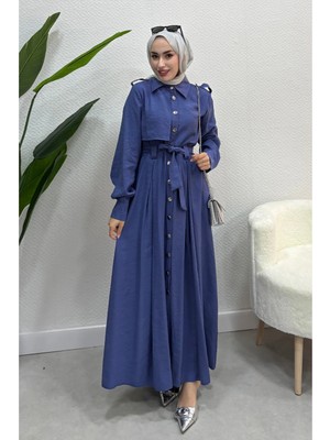 Tesettür Diyarı Boydan Düğmeli Tril Tril Yazlık Kumaş Tesettür Elbise- Indigo