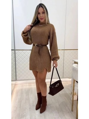 Kadın Uzun Kollu Yuvarlak Yakalı Kısa Triko Elbise
