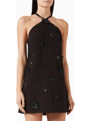 Alexis Milaa Siyah Boncuk Işlemeli Halter Yaka Mini Elbise, Lüks ve Işıltılı