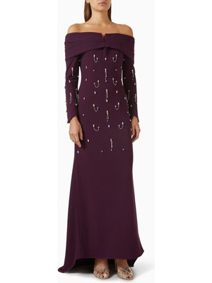 AC BY AANCHAL CHANDA Kristal Işlemeli Omuz Açık Elbise, Koyu Mor