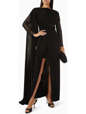 AC BY AANCHAL CHANDA Siyah Payetli Drapeli Elbise, Işıltılı ve Cesur Gece Şıklığı