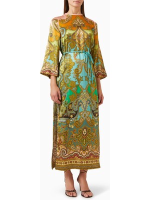 Alemais Clemenza Ipek Midi Elbise, Paisley Desenli ve Yan Yırtmaçlı Zarif Tasarım